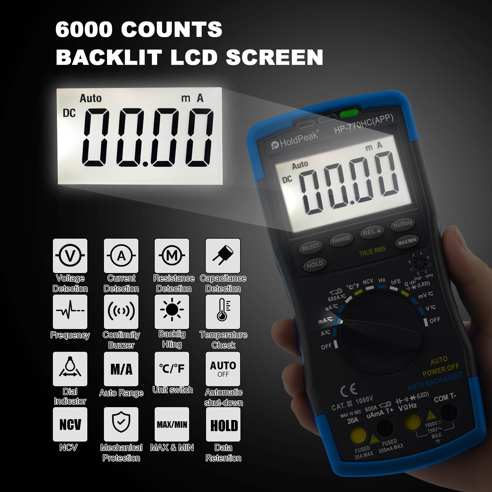 Digital Multimeter Motor Analyzer Auto Range True RMS Volt Ohm Meter& 600A Clamp