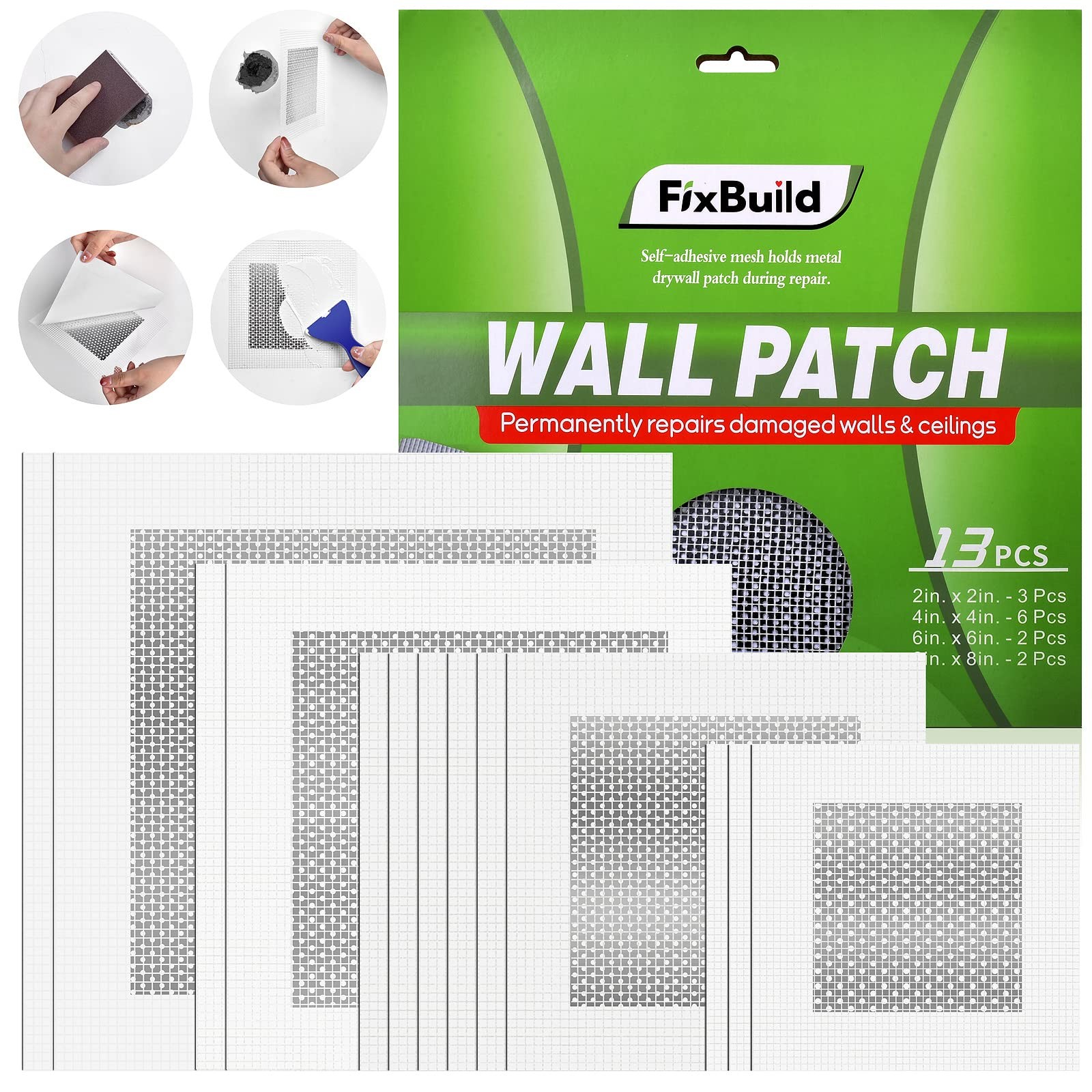 FixBuild Drywall 2x2 inch, 4x4 6x6 8x8 13pcs wall patch
