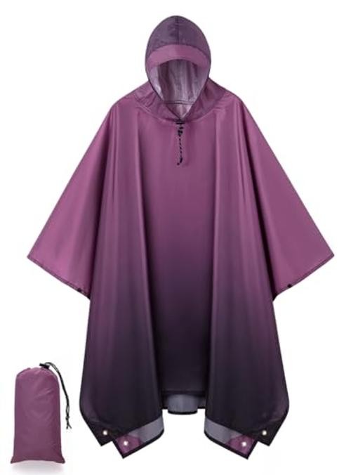 Hooded Rain Poncho for Adult, Waterproof Lightweight One Size Gradient Purple