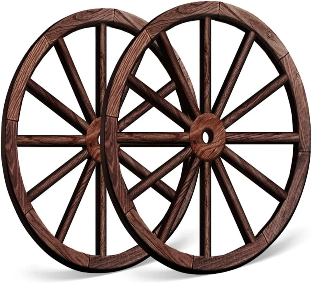Set of 2 Vintage Wood Garden Wagon Wheels, Rustic Decor (brown, 12 Inch)