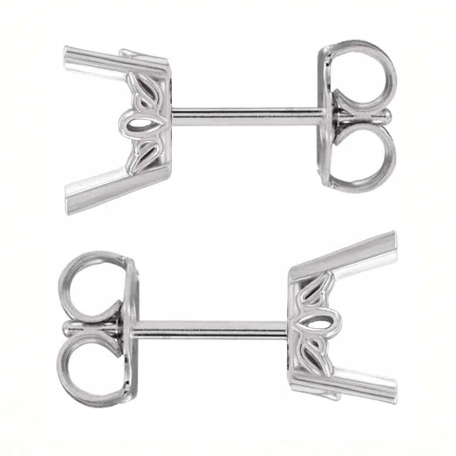 Pear Cut Earring Mountings 14K White Gold V Prong Scroll Basket Friction Back- 2