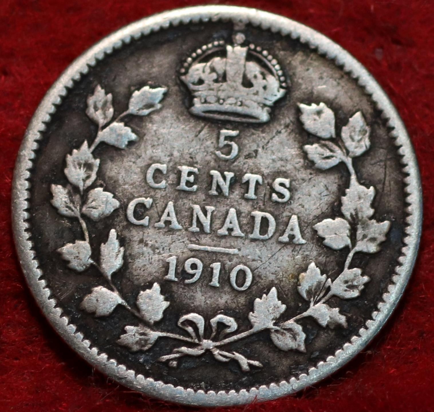 🇨🇦 1910 King Edward VII 5 Cents Silver Red Leaf Coin Canada