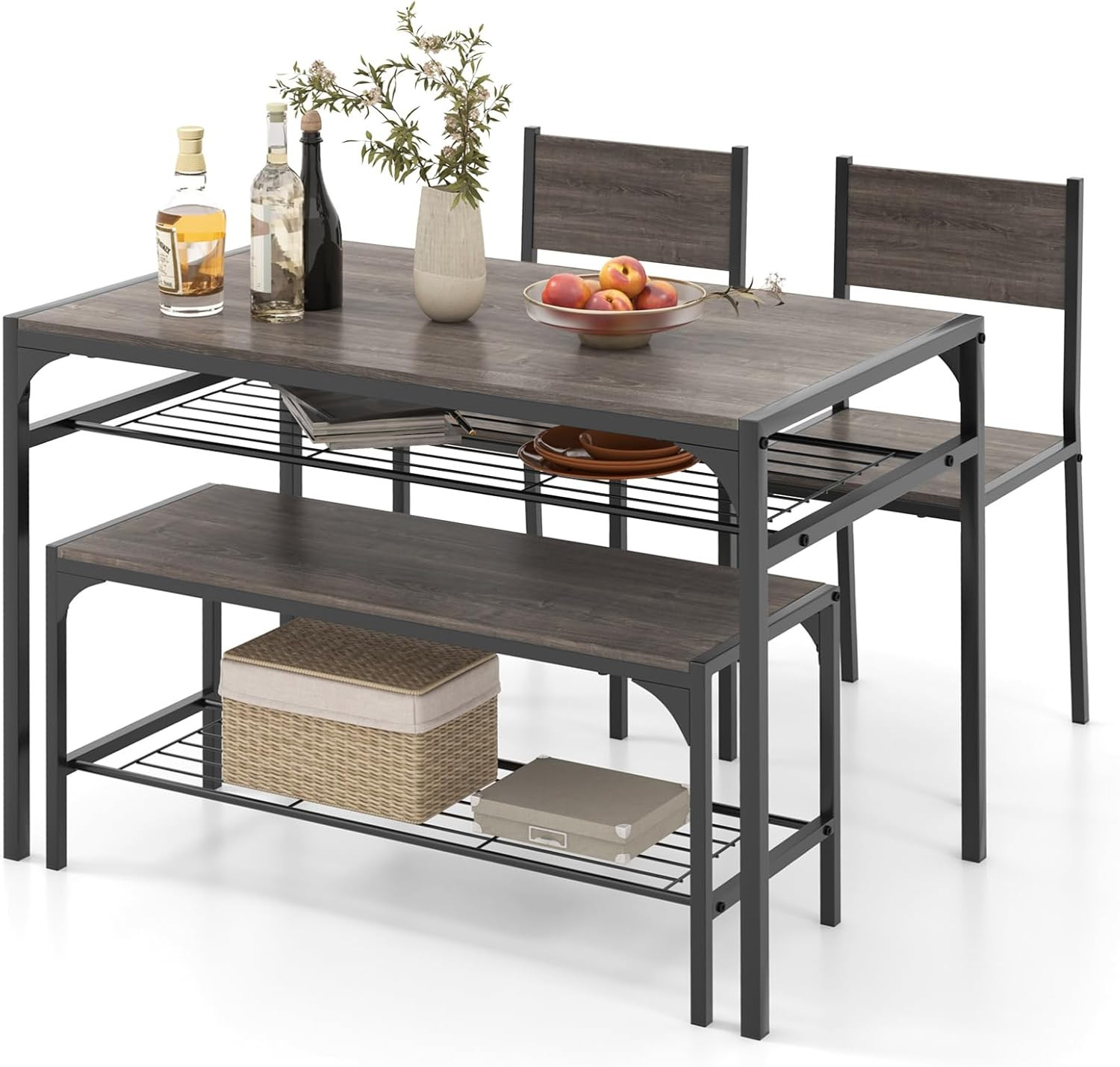 Compact 4-Piece Dining Set with Bench & Storage - Industrial Style (Black & Grey
