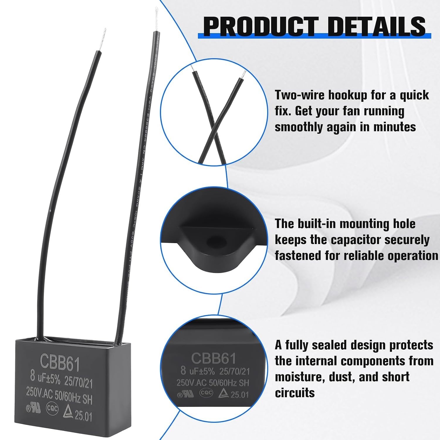 Durable 8uF 250VAC Ceiling Fan Capacitor - Rectangular Shape, High Performance