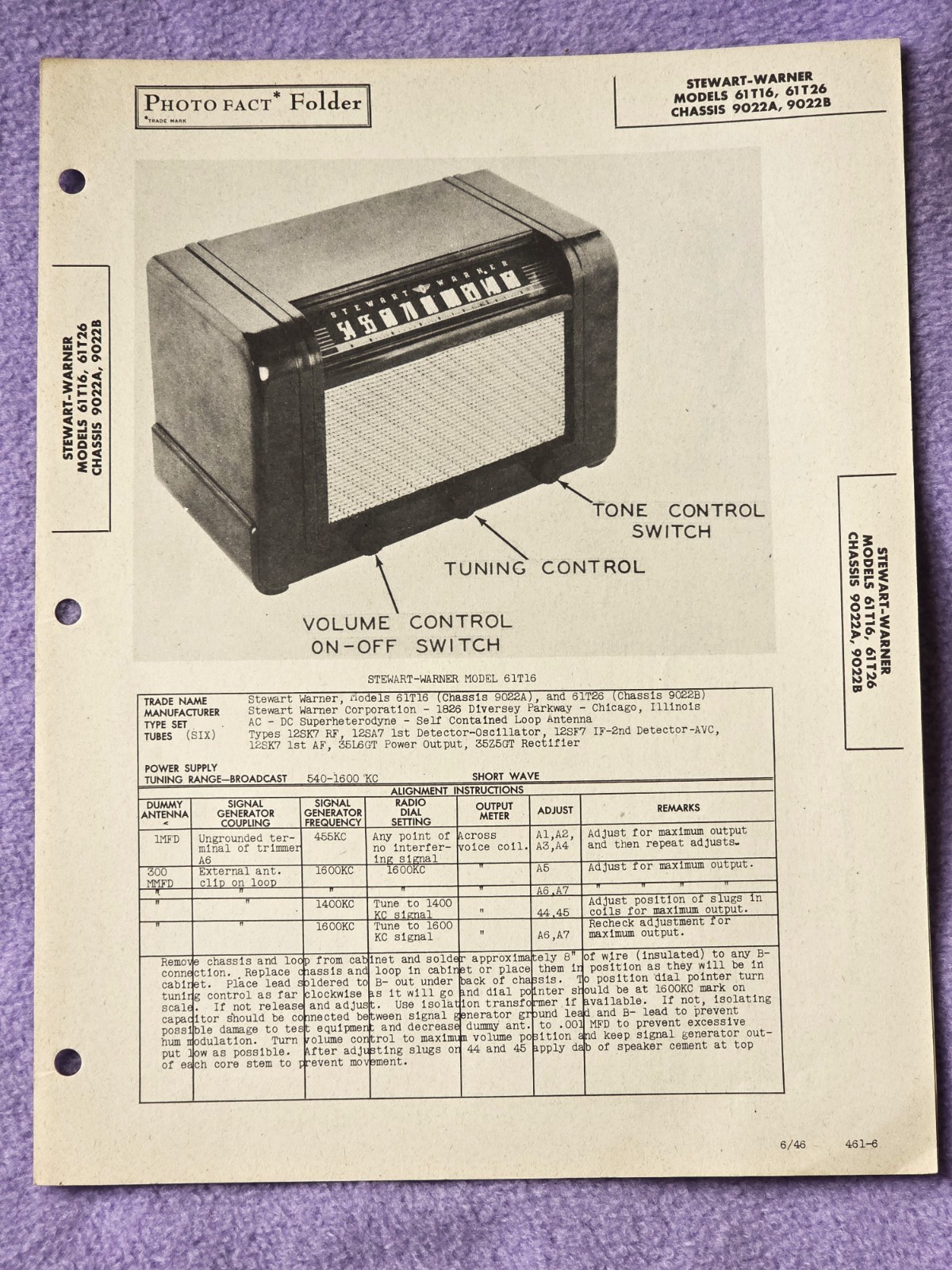 Stewart-warner models 61t6 61t26 VTG Howard Sams 1946 Radio Photofact Folder