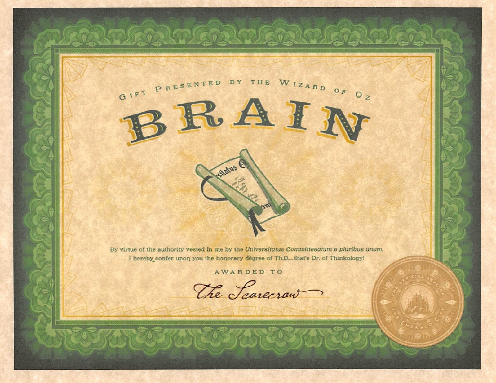 Wizard Of Oz Emerald City Certification Of Brains The Scarecrow Prop/Replica