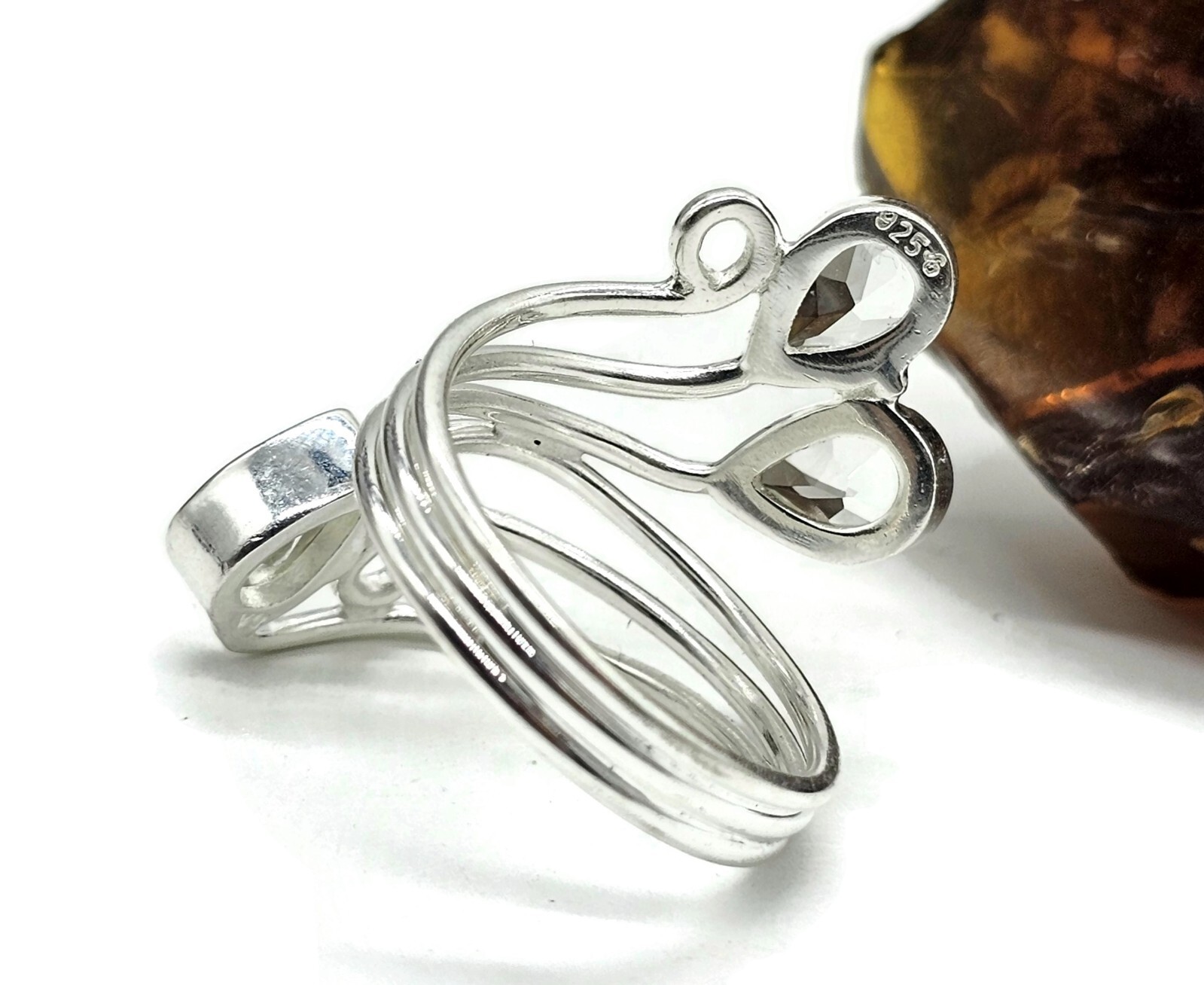 Prasiolite Wrap Around Ring, Size R, Sterling Silver, Three Stone Ring, Green
