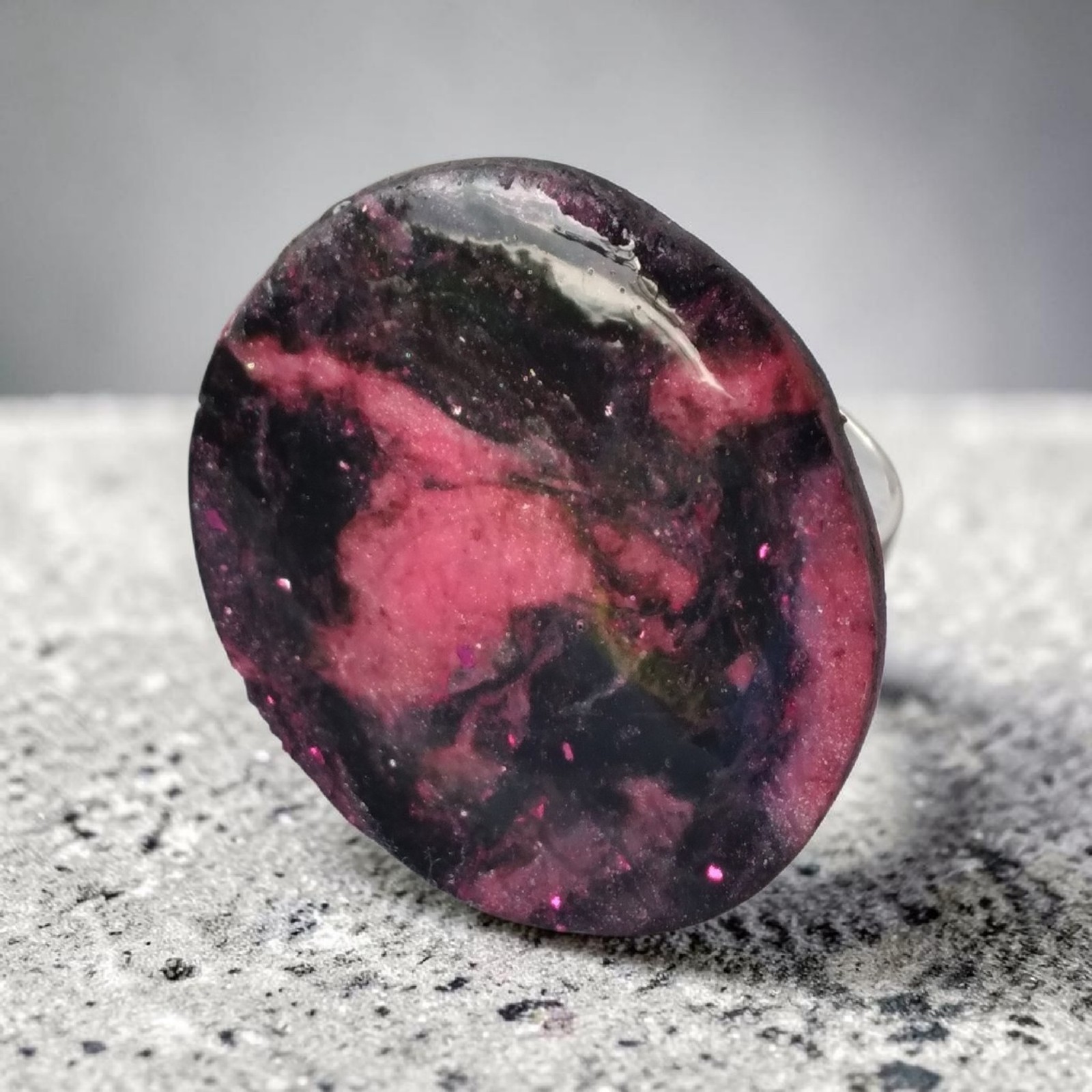 Handcrafted Silver Adjustable Polymer Clay Ring Round Pink Black Marbled