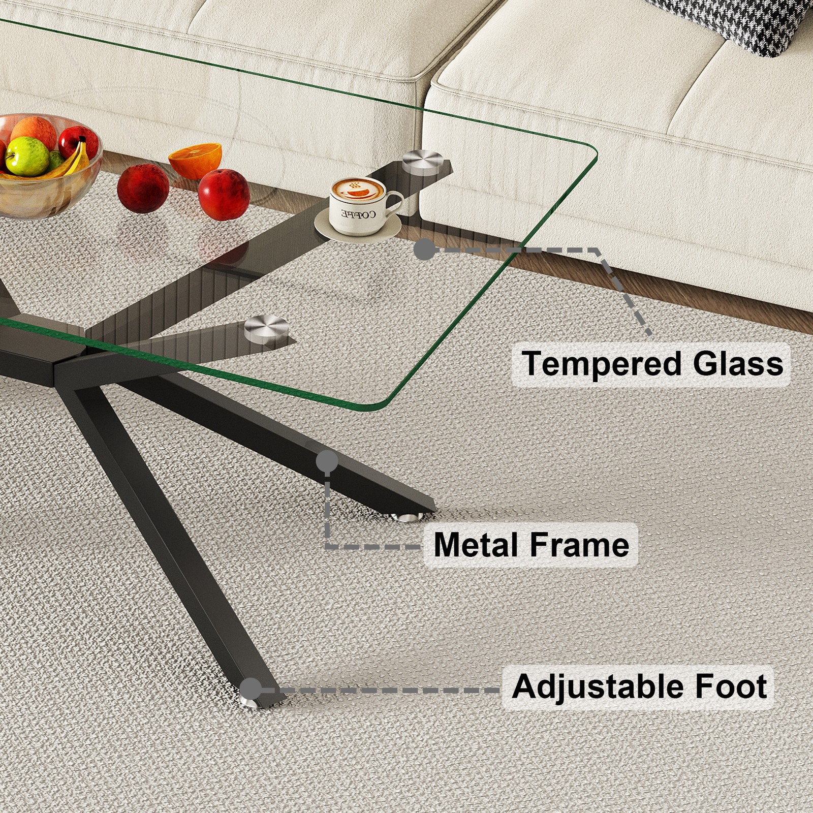 39.37" Rectangular Clear Tempered Glass Coffee Table,Stylish Design with Black
