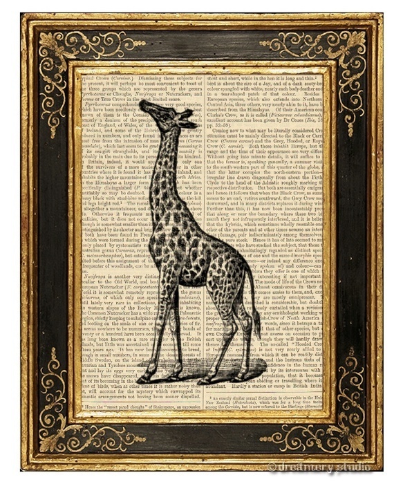 Giraffe Art Print on Vintage Book Page Home Office Wall Hanging Decor Gifts
