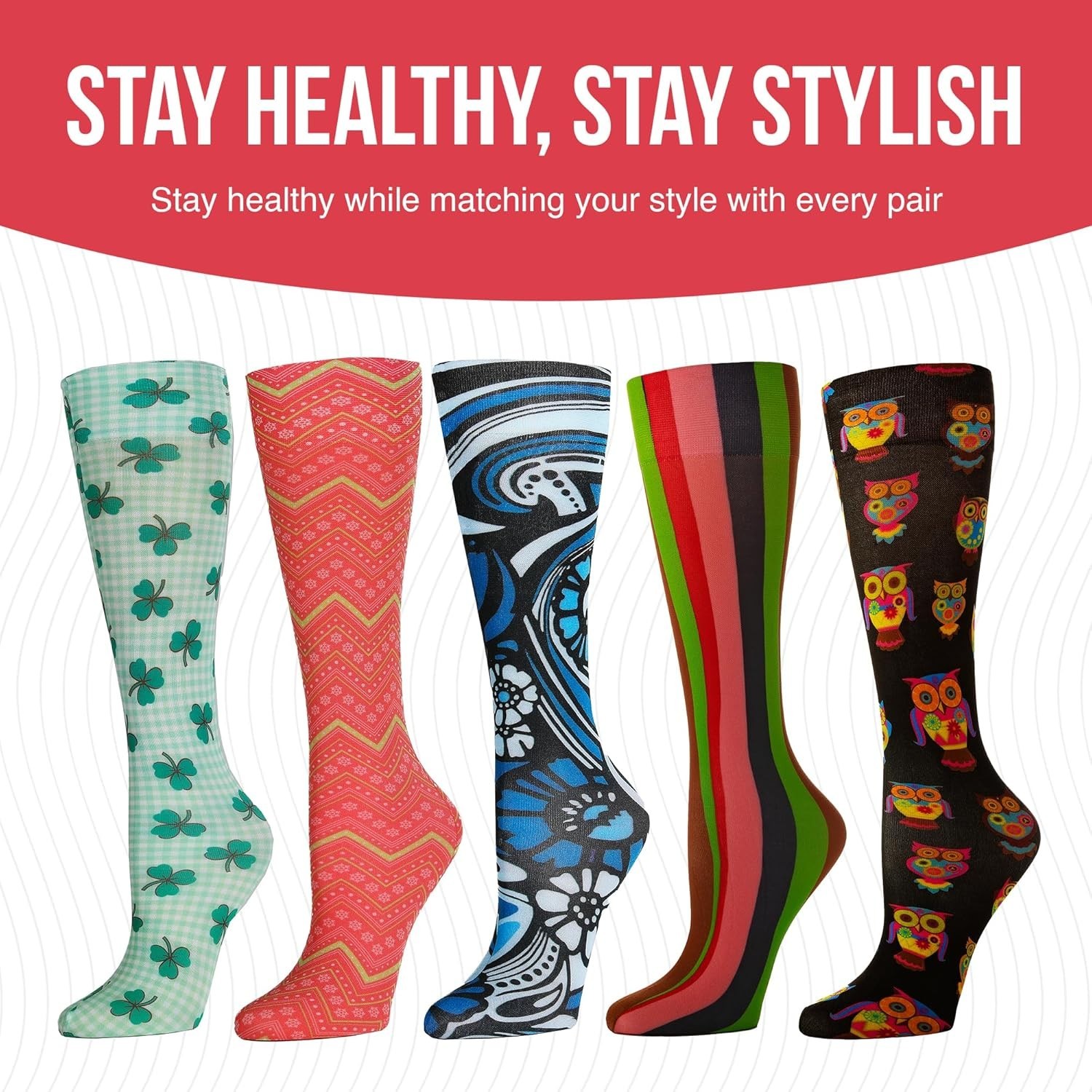Comfortable Knee-Length Compression Socks 15-20 mmHg in Black Paisley Print