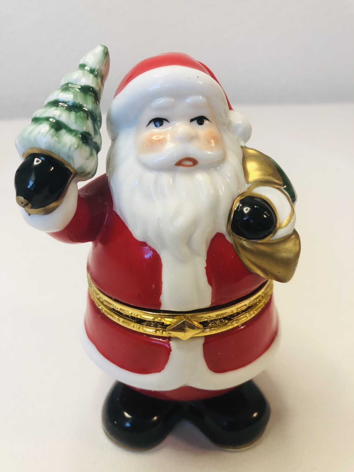 VTG Santa Claus Trinket Box Holding Tree & French Horn 5”