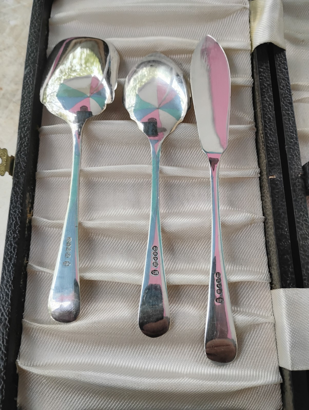 Sweet Antique 19th C Silver Plated 3-pc Dessert Serving Set Storage Case