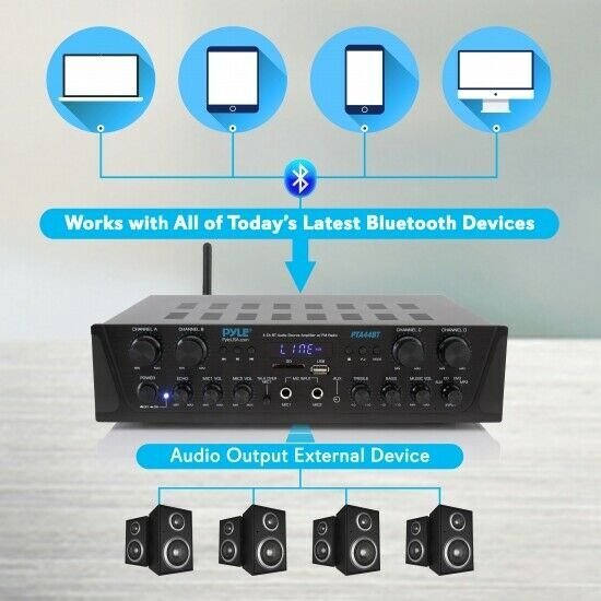 Pyle PTA44BT 4-Ch. Bluetooth Amplifier Stereo Receiver System, with FM Radio