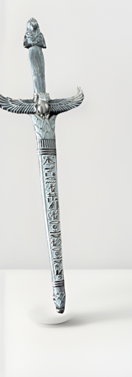 Egyptian Motif Collectible Stiletto Dagger Silver Metal Double Edge with Sheath