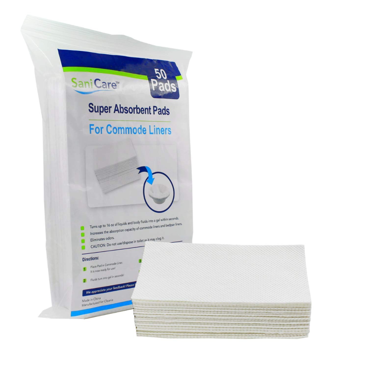 SaniCare Super Absorbent Pads for Commode Liners 50 Count (Pack of 1), White