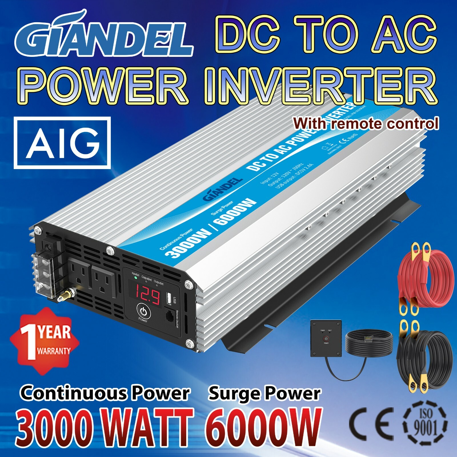 Power Inverter 3000W Modified Sine Wave 12V to 110V~120V USA Transistors GIANDEL