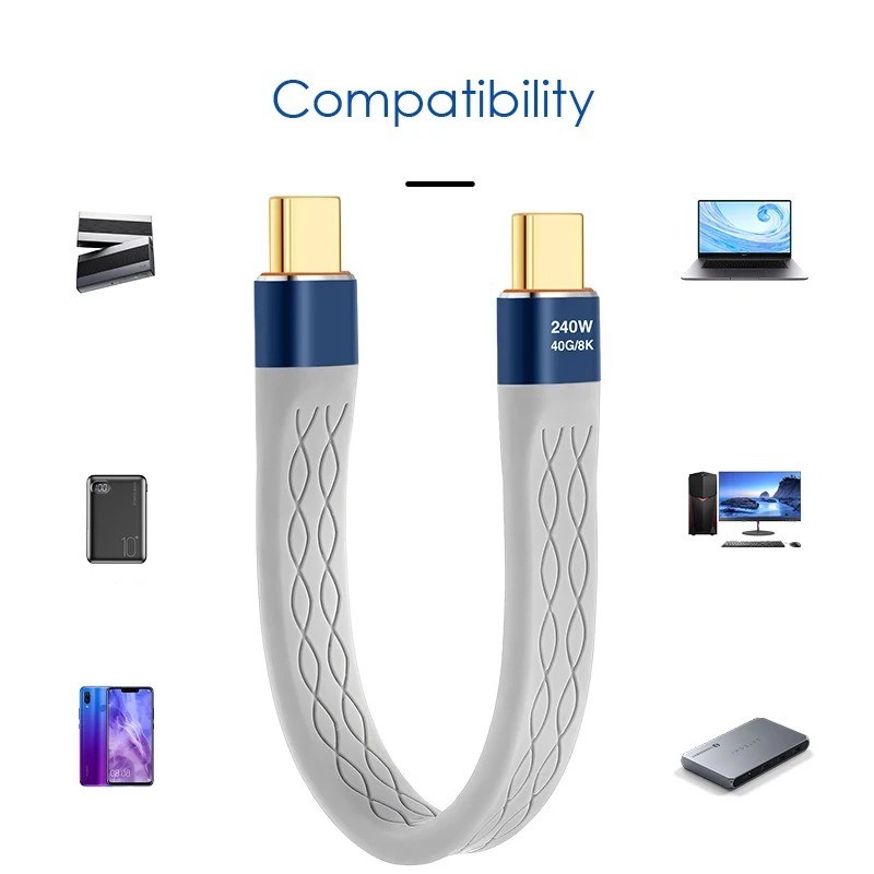 USB-C to USB-C Flat Cable 240W Fast Charge 40Gbps 8K Slim Short