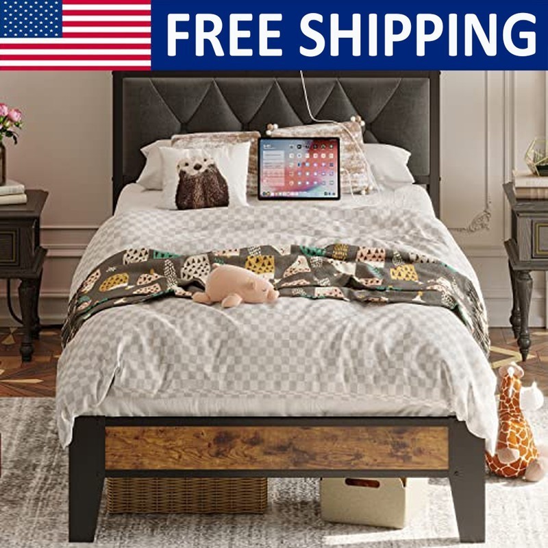 Twin Bed Frames Storage Headboard w/ Outlets Easy Install No Box Springs Needed