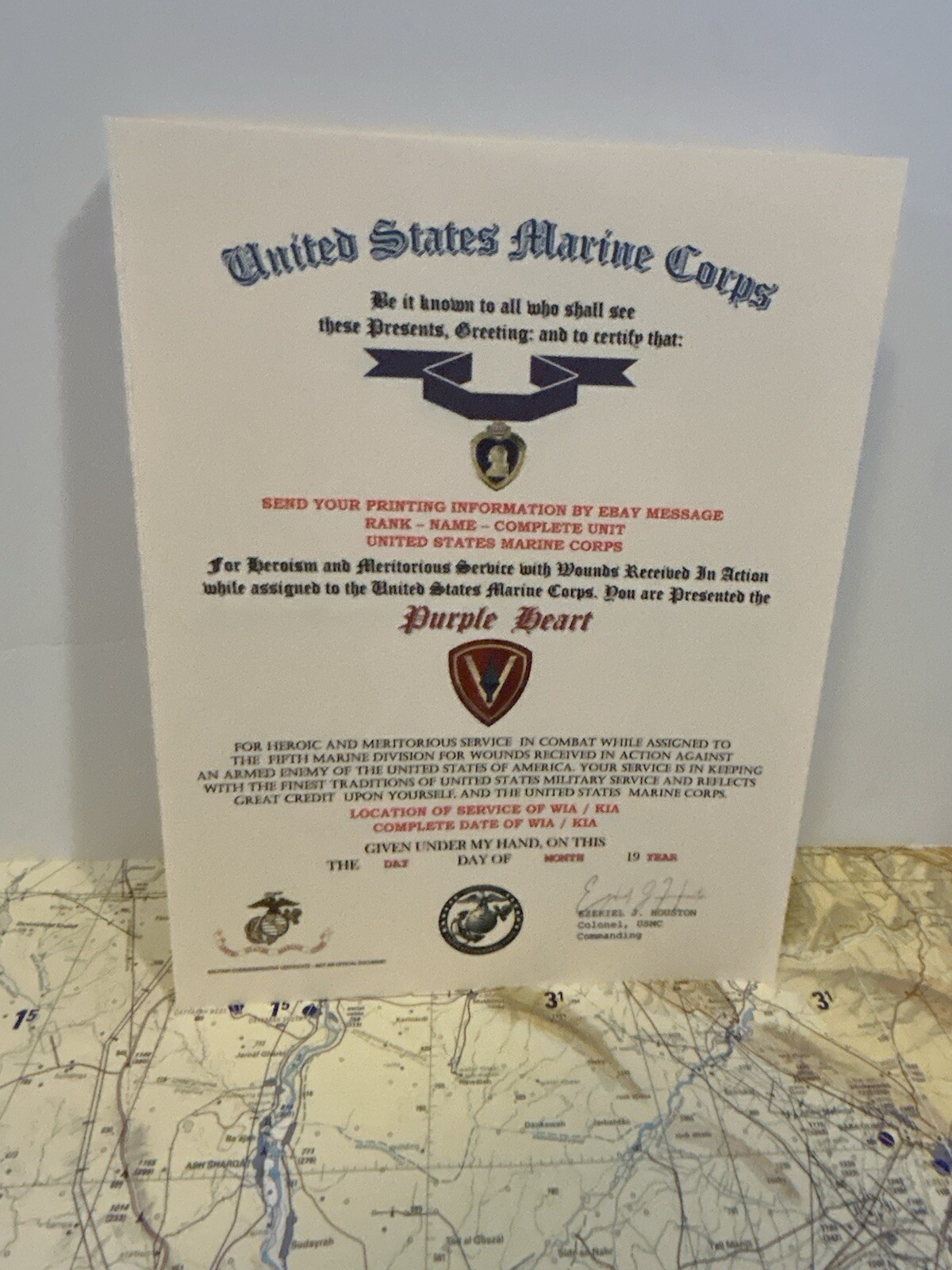 U.S.M.C. / P.H. MEDAL COMMEMORATIVE CERTIFICATE - 5TH MARINE DIVISION