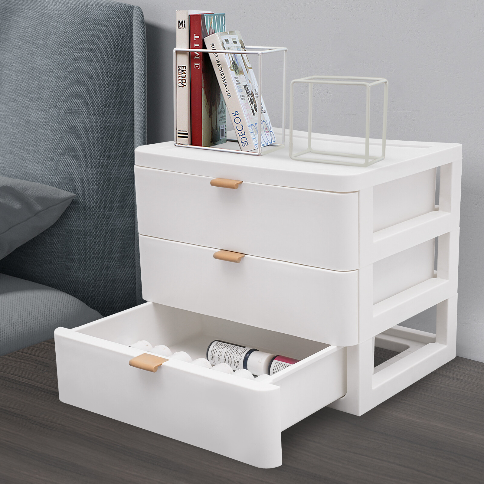 3-Layer White Desktop Storage Box Jewelry Case Home Tabletop Organizer W/ Drawer