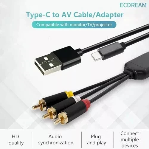 ECDREAM USB C to RCA Cable Adapter, 6Ft Type-C to RCA Cable with USB A(Chargi...