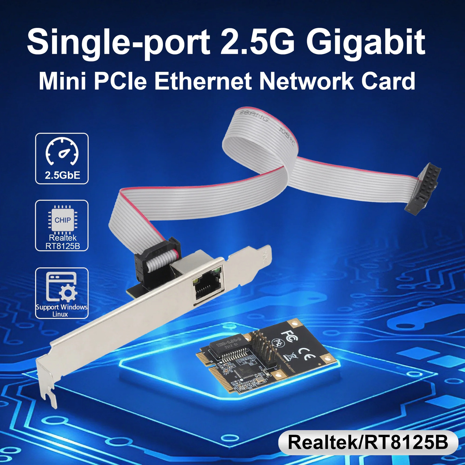 Realtek RTL8125BG Chip 2.5G/1G Mini PCI Express LAN Card Mini PCIE to RJ45 Port
