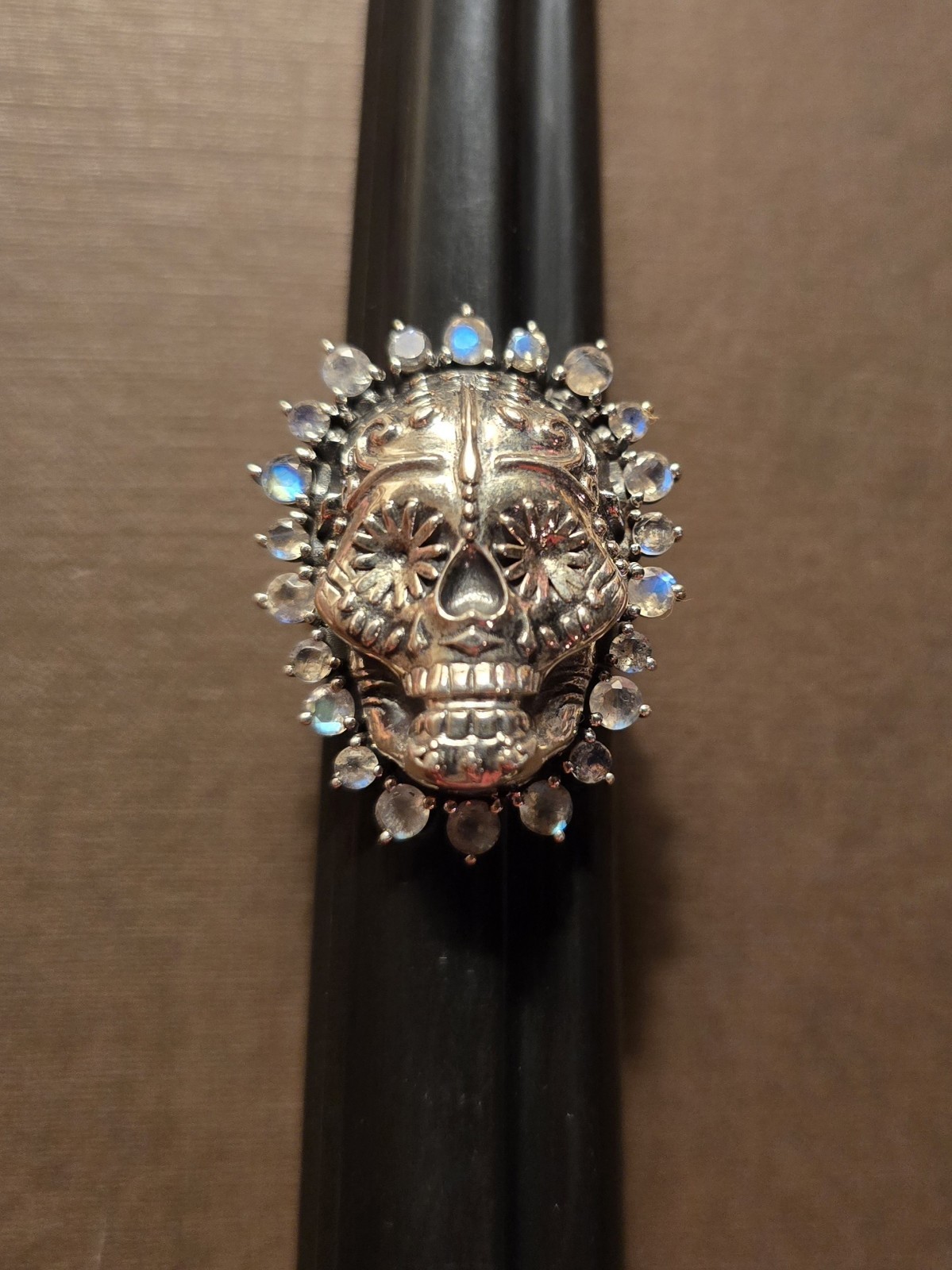 Sterling Silver & Labradorite Intricate Sugar Skull Day Of The Dead Ring