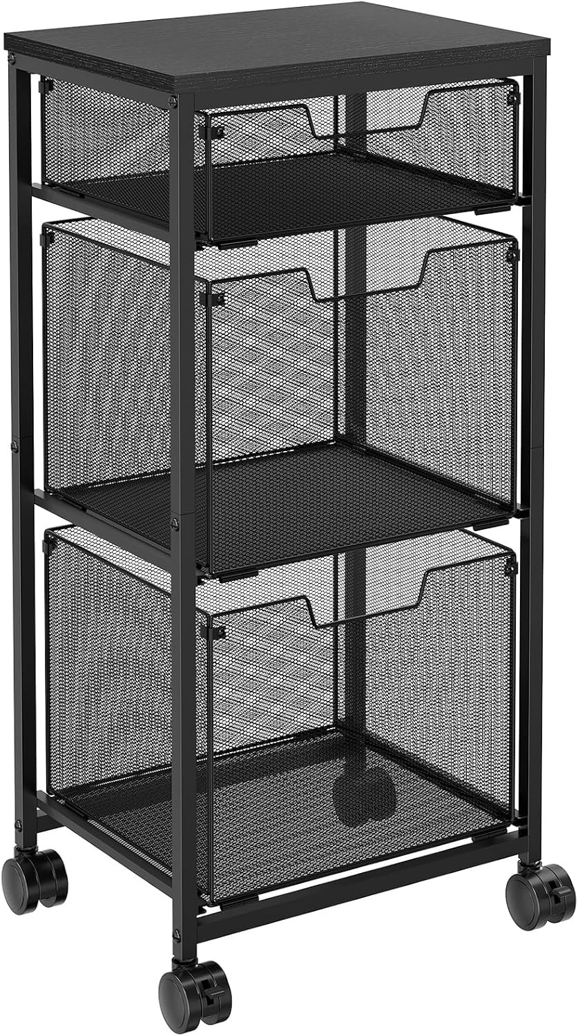 Rolling Storage Cart with 2L+1S Drawers, Metal Utility Cart on Wheels with Woode