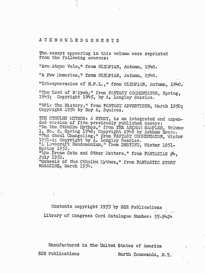1955 fanzine HOWARD PHILLIPS LOVECRAFT MEMOIRS CRITIQUES by George Wetzel
