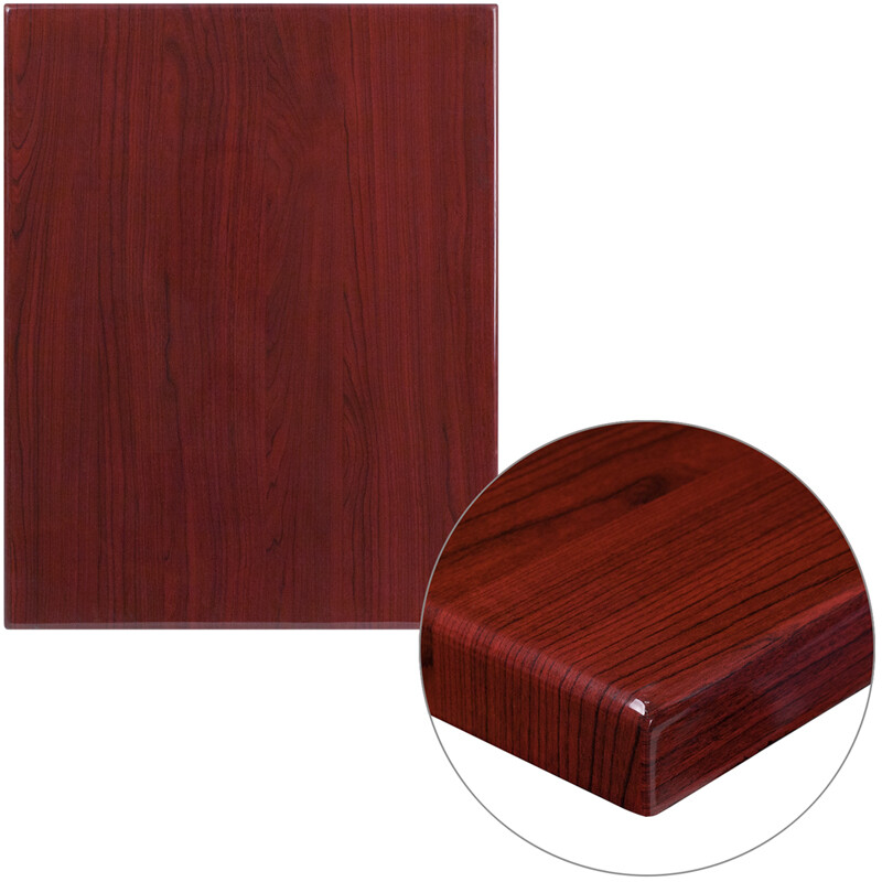 24" x 30" Rectangular Resin Restaurant Table Top in High-Gloss Mahogany Finish