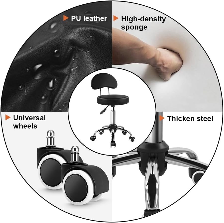 Rolling Stool with Mid Back Height Adjustable Chair PU Leather Swivel Chair w...