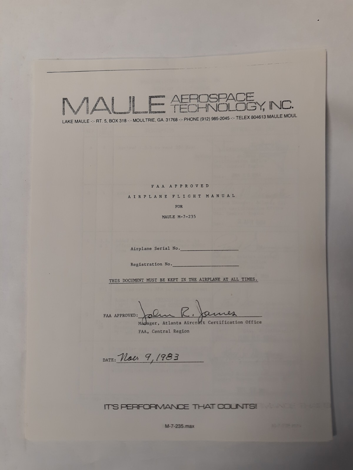Maule M-7-235 FAA Approved Airplane Flight Manual 1983 Copy