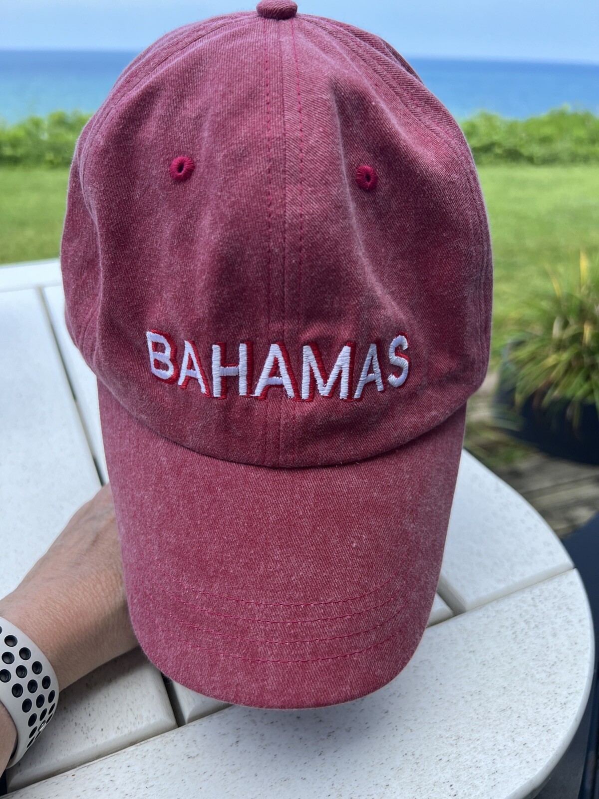 Cap Hat Faded Red Embroidered White w Red 3D outlining BAHAMAS Strapback Adj EUC