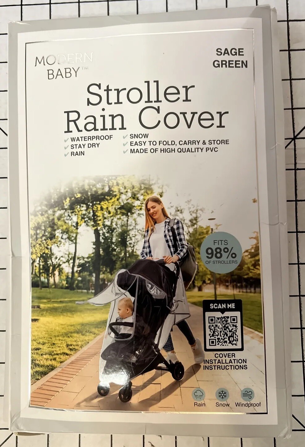 New Open Box MODERN BABY Stroller Rain Snow Windproof Cover Sage Green Universal