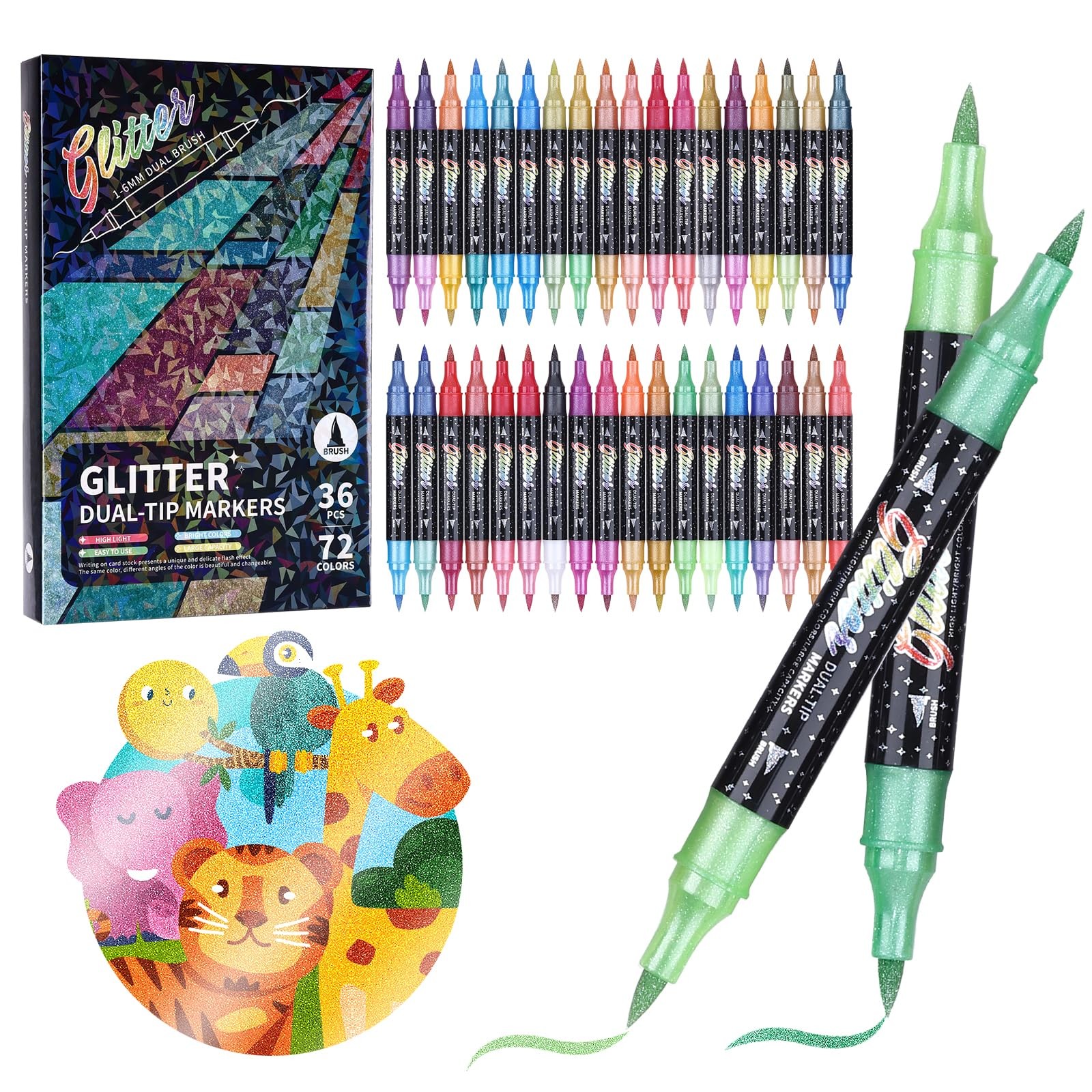 Glitter Brush Markers Pens,72 Colors Dual Tip Glitter Pens Set 36 Pack Metall...