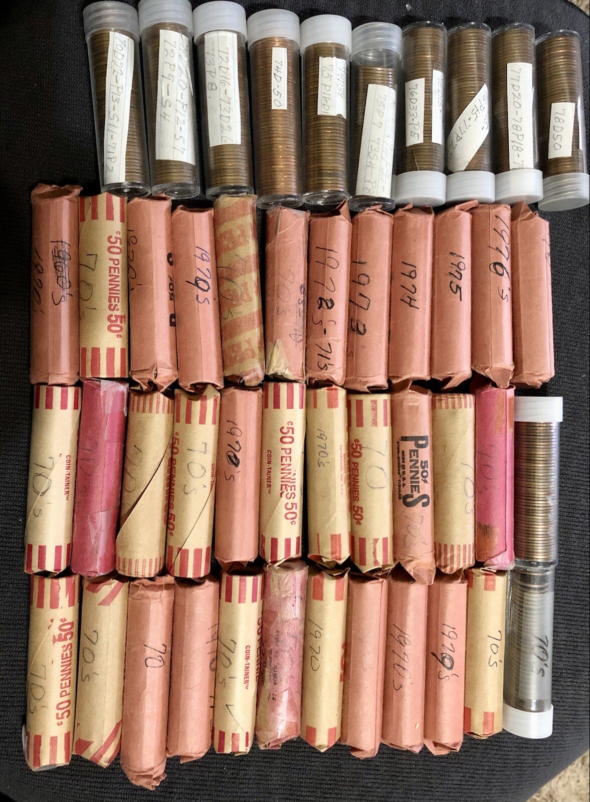 Vintage Lincoln Penny Rolls – Lot of 46 Rolls (1970–1978 Mixed Dates Circulated)