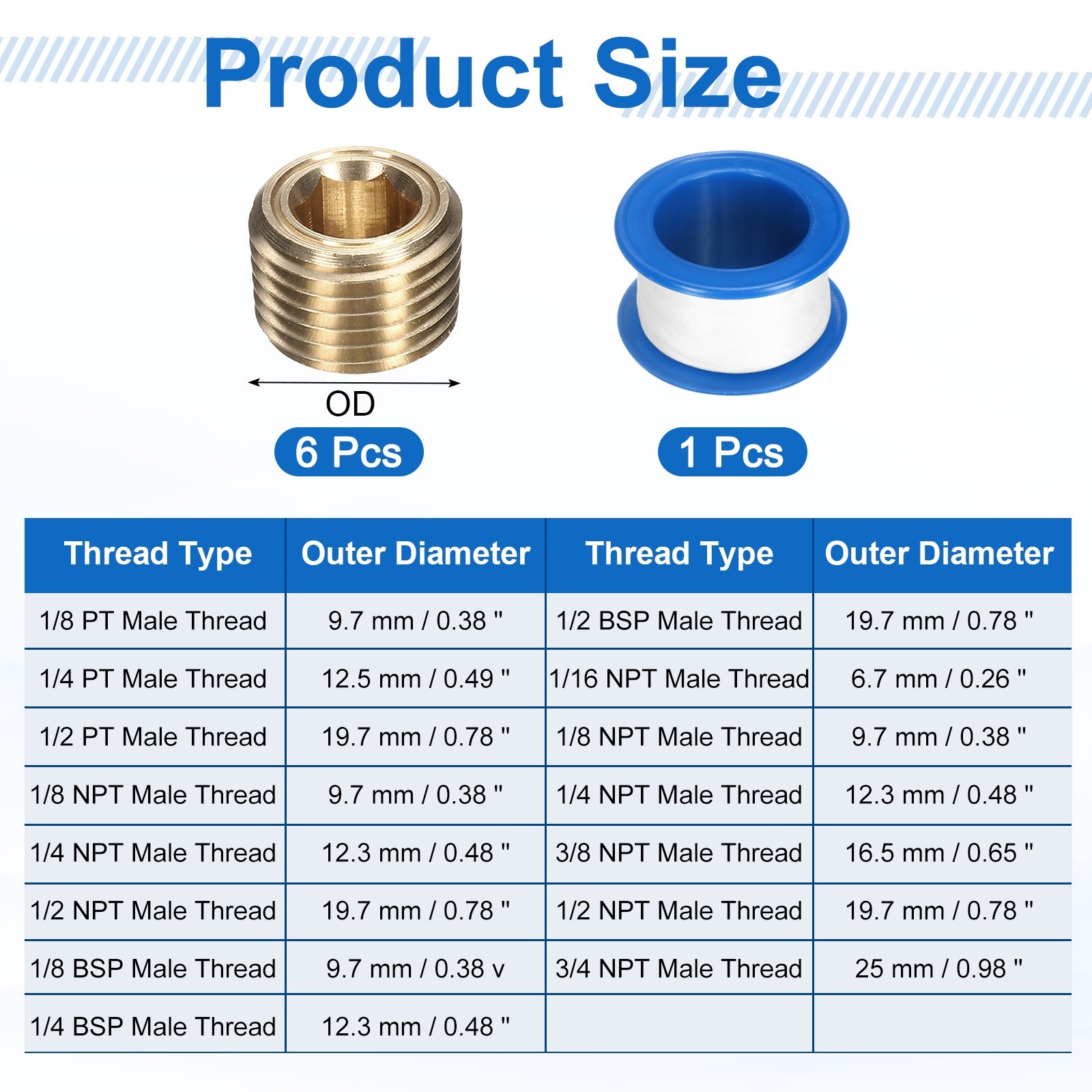 6Pcs 1/8 NPT Brass Pipe Plug Fitting, Male Thread Internal Hex Socket Pipe Cap