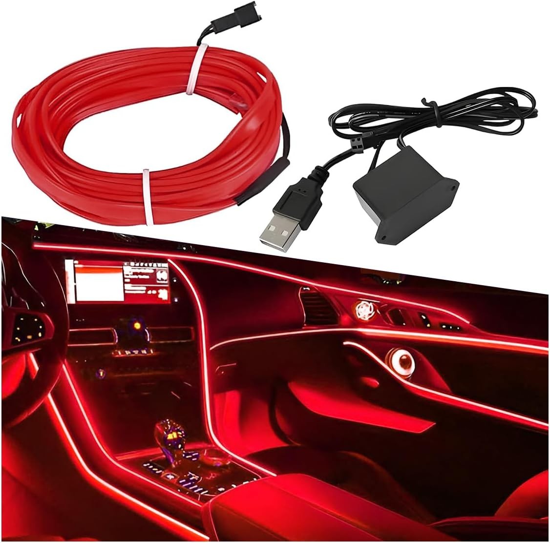 EL Wire Car Interior LED Strip Lights, 5V 16FT Neon Light Strip wit Color: Red