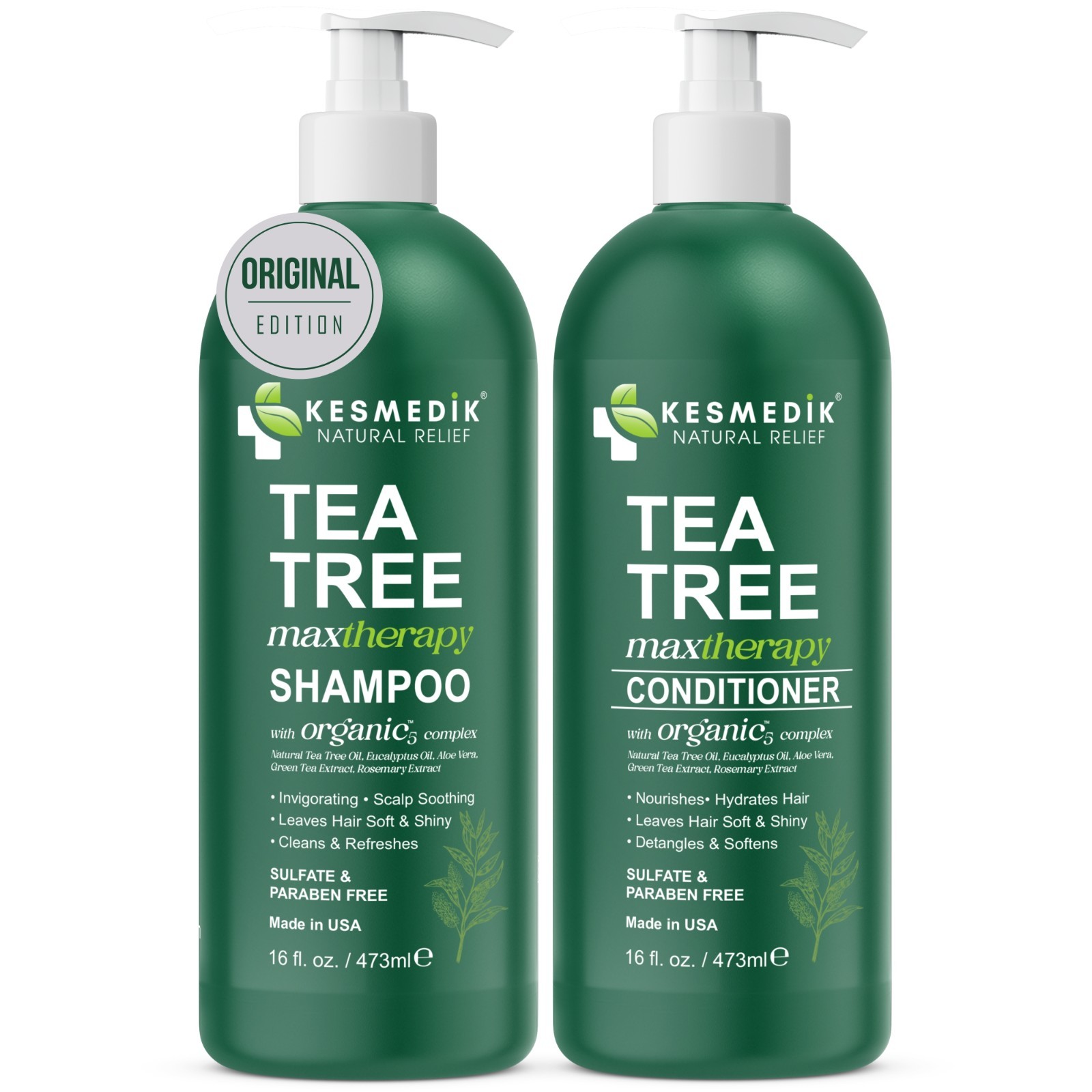 Kesmedik Tea Tree Shampoo & Conditioner Set for Itchy & Dry Scalp, 16 fl oz Each