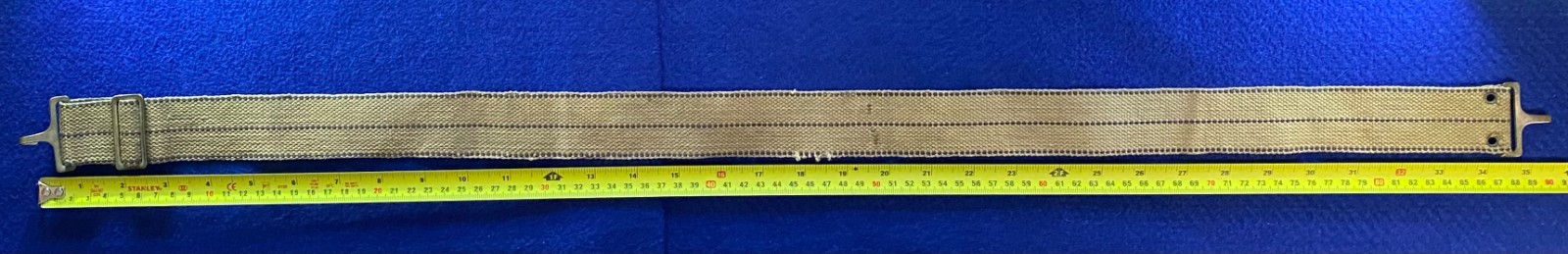 Old Tan & Blk. Striped 1-1/2" x 34" Web Belt or Strap or Sling w/ Brass Hardware