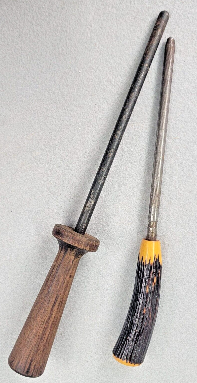 2 Vintage Steel Knife Sharpening Stick Rod Faux Antler and Wood Handle