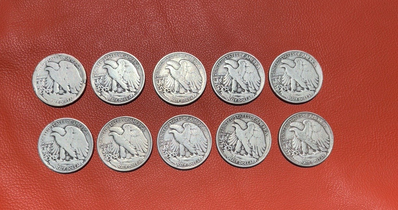 10 Walking Liberty Half Dollars 90% Silver Lot Mixed Dates 1936-1946 One No Date