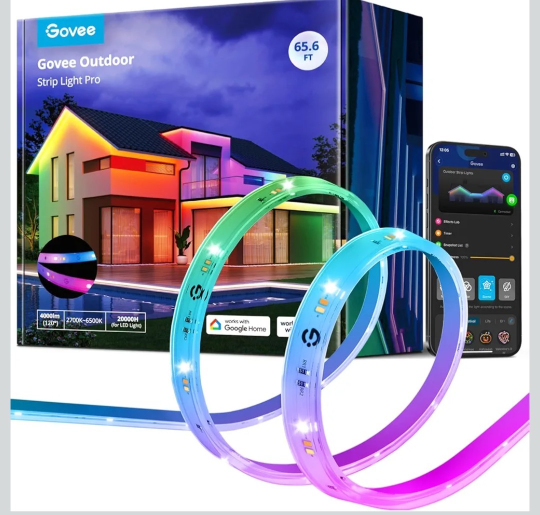 Govee Outdoor LED Strip Lights RGBIC with Warm and Cold White, 65.6ft 2.4G WiFi