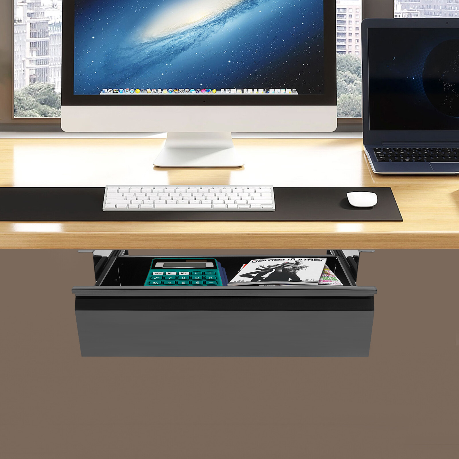 Under Desk Mounted Sliding Pull-out Storage Drawer with Built-in Power Strip