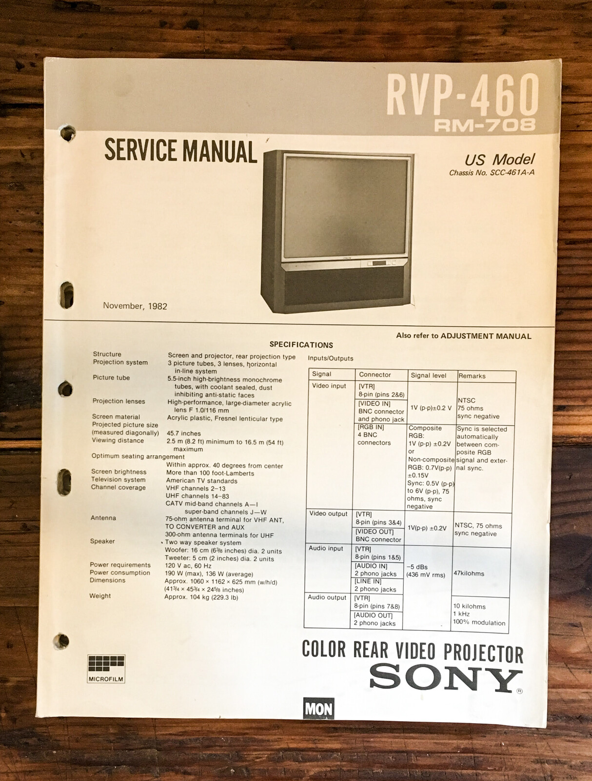 Sony RVP-460 TV Service Manual *Original*