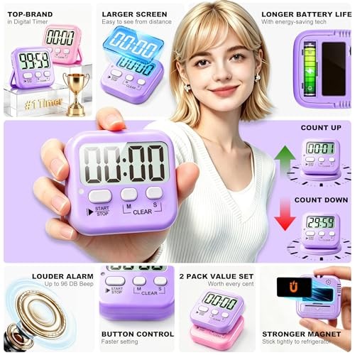2 Pack Digital Timer for Kids, Magnetic Countdown Kitchen 2 * Pink + Purple