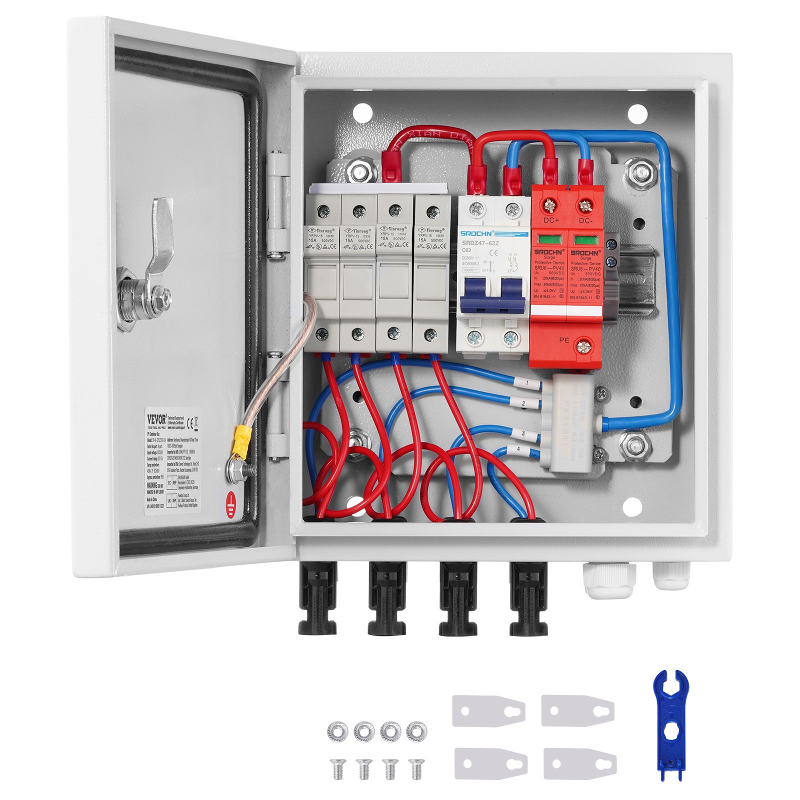 Solar PV Combiner Box 4 String 15A for Solar Panel System Steel Case IP65