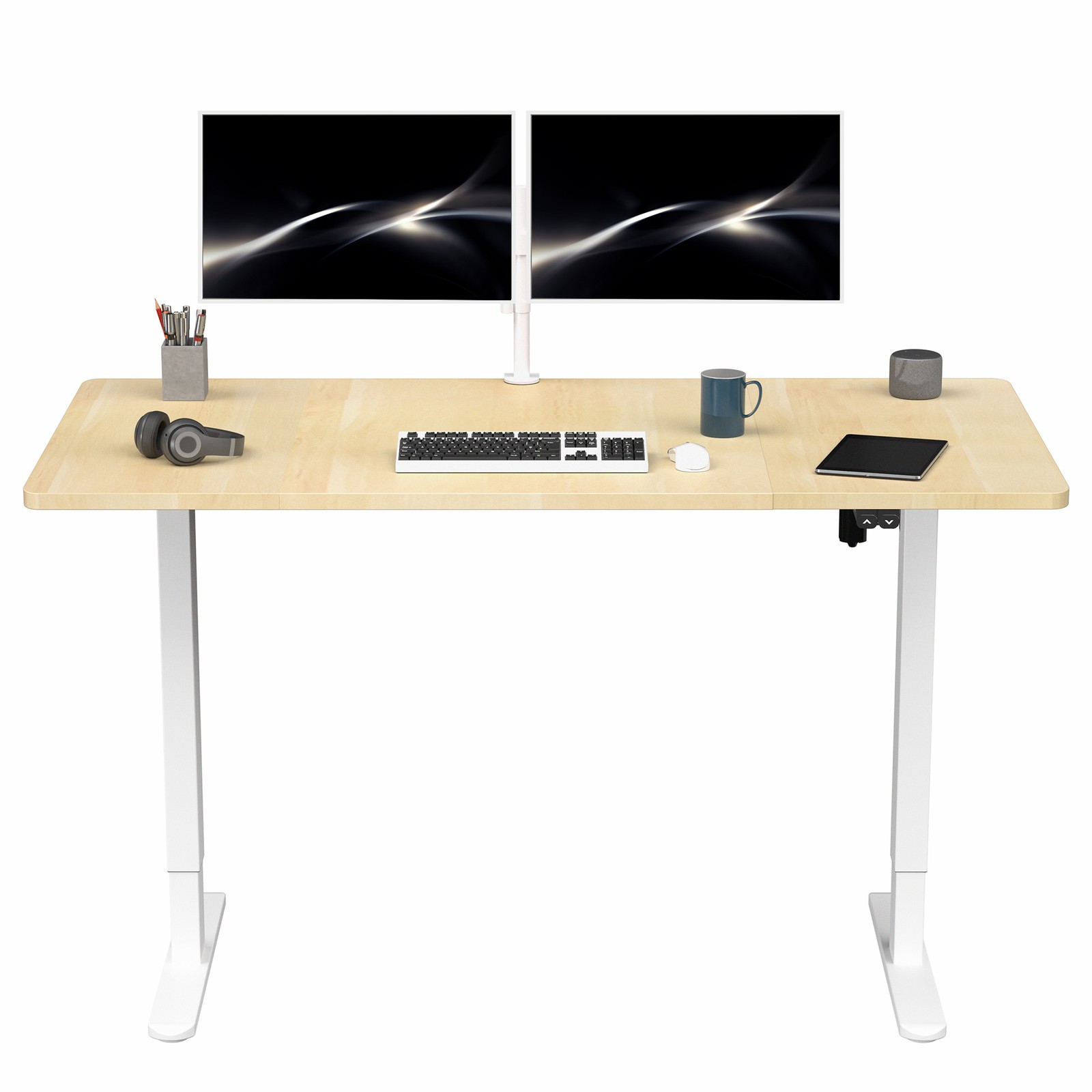 VIVO Electric 60” x 30” Stand Up Desk, Light Wood Table Top, White Frame