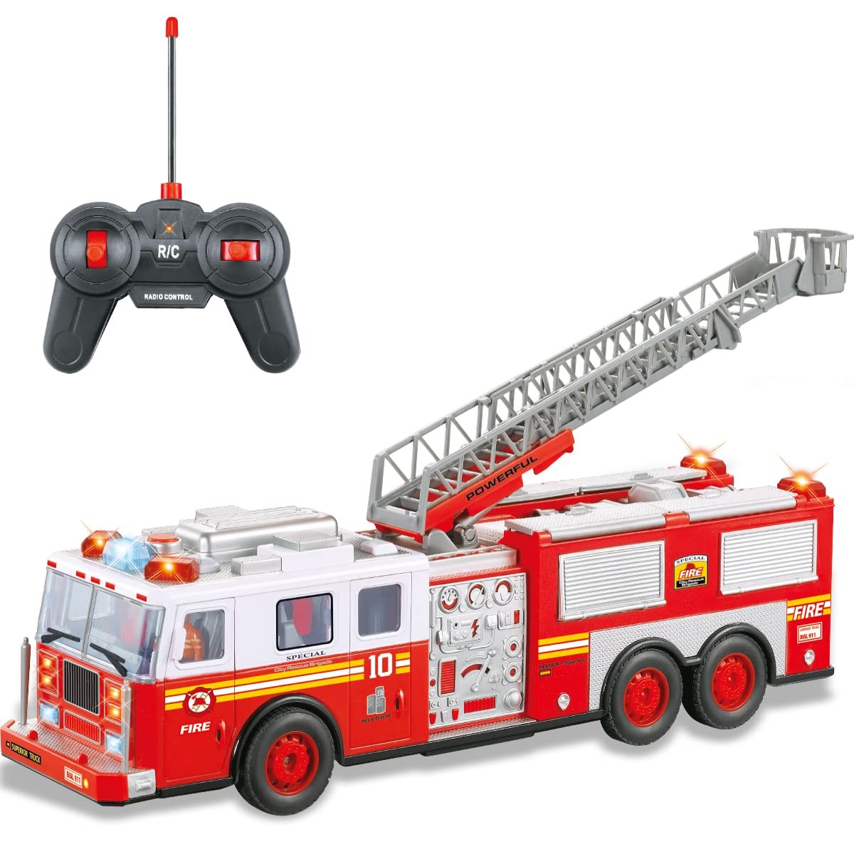 "RC Fire Truck 14"" Remote Control Toy Fire Engine w/ Lights Siren Ladder"